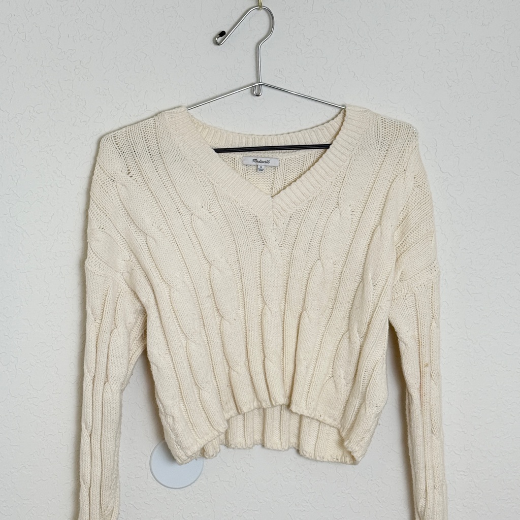 Madewell Cable Knit Cropped Sweater Ivory Vneck